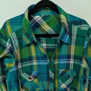 Catos‎ 3X $35 Green Blue Plaid 100% Cotton Long Sleeve Roll Tab Button Up Tunic